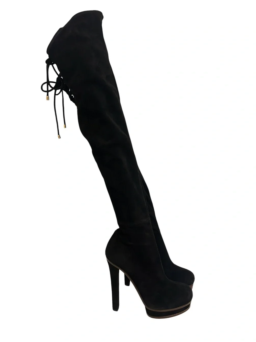 GUCCI Alonya Black Suede OTK Platform Heeled Boots